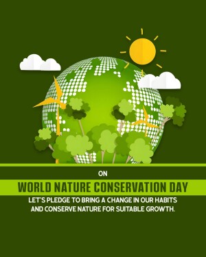 Illustration of Earth with trees, wind turbines, sun, and clouds for World Nature Conservation Day