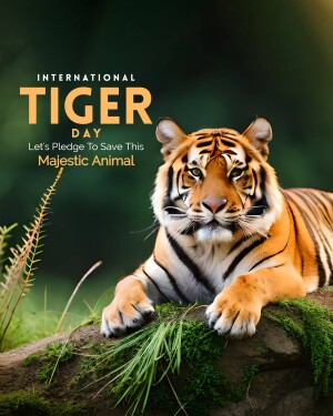 Close-up of a tiger with text 'International Tiger Day - Let's Pledge to Save This Majestic Animal'