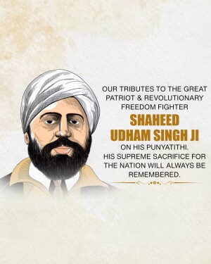 Portrait of Shaheed Udham Singh Ji with text commemorating his death anniversary