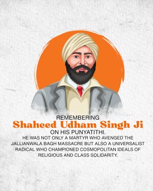 Portrait of Shaheed Udham Singh Ji with text commemorating his Punyatithi