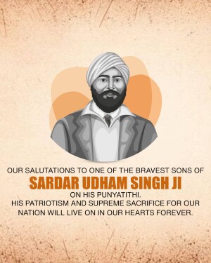 Portrait of Sardar Udham Singh Ji with a patriotic message