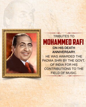 Portrait of Mohammed Rafi with text commemorating his death anniversary.
