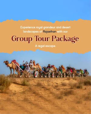 Camel caravan in the Rajasthan desert promoting a group tour package