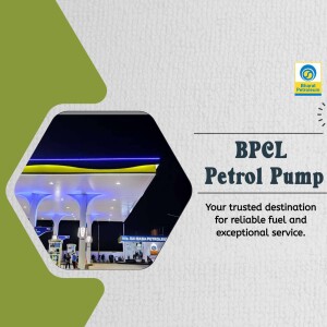 Image of a BPCL petrol pump at night with a hexagonal frame.