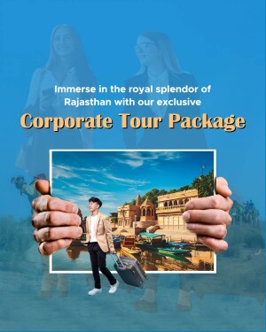 Promotional image for a Rajasthan corporate tour package featuring a traveler and iconic landmarks.