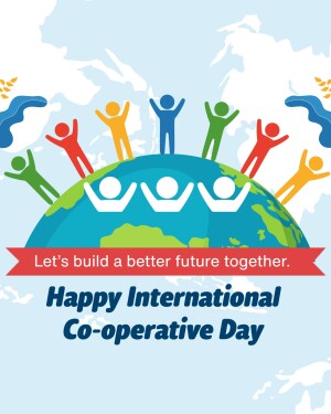 Illustration of diverse people around a globe with the text 'Happy International Co-operative Day'