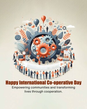 Illustration depicting people working together around gears and community elements for International Co-operative Day.