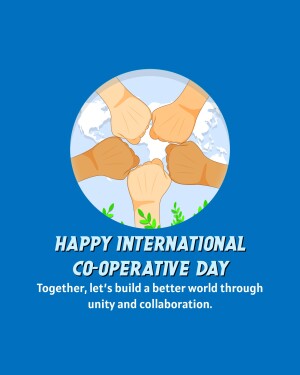 Illustration of diverse hands joining together in a fist bump with text 'Happy International Co-operative Day'