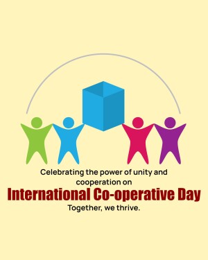Illustration of people supporting a cube with the text 'Celebrating the power of unity and International Cooperative Day'