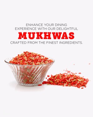 Bowl of red Mukhwas with text overlay 'Enhance Your Dining Experience with our Delightful Mukhwas'