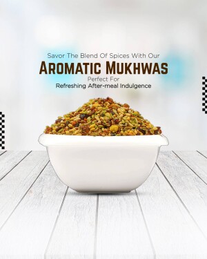 Close-up of a white bowl filled with colorful mukhwas on a wooden surface.