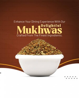 A bowl of Mukhwas, a traditional Indian after-meal digestive, with text promoting its delightful flavor.