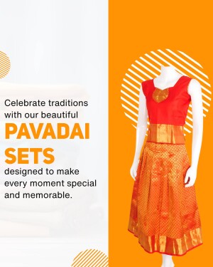 Red and gold Pavadai Set on a mannequin with orange background