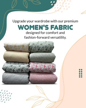 Stack of colorful patterned women's fabrics with text promoting a wardrobe upgrade.