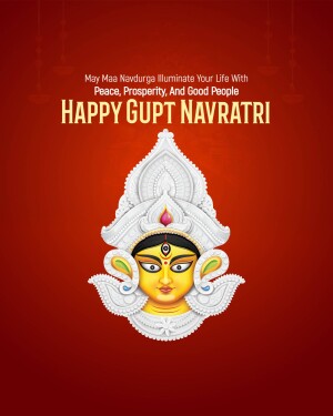 Image depicting a stylized representation of Goddess Durga's face with the text 'Happy Gupt Navratri'