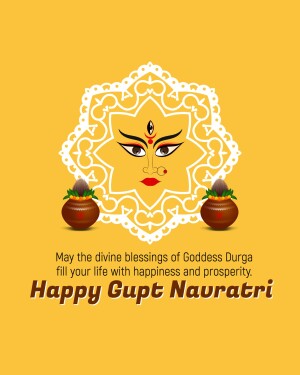 Image depicting Goddess Durga's face with traditional decorations and a Navratri greeting.