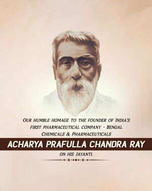 Portrait of Acharya Prafulla Chandra Ray with text commemorating his Jayanti