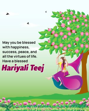 Illustration of a woman on a swing under a tree with a Hariyali Teej greeting.