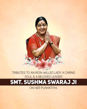 Portrait of Sushma Swaraj Ji with floral decorations and tribute text.