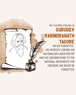 Portrait of Rabindranath Tagore with a quill and inkwell