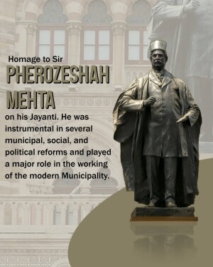 Statue of Sir Pherozeshah Mehta with text commemorating his Jayanti