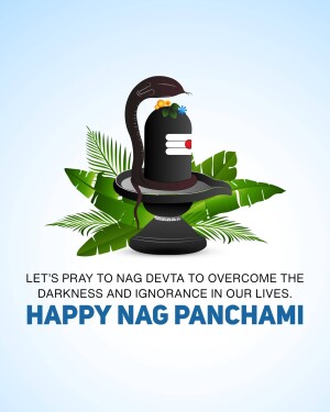 Image of a Shiva Lingam with a cobra and tropical leaves, with text wishing Happy Nag Panchami