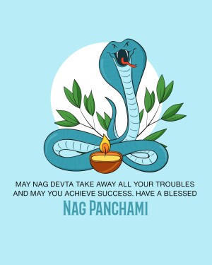 Illustration of a cobra with a candle and leaves, with text wishing a blessed Nag Panchami