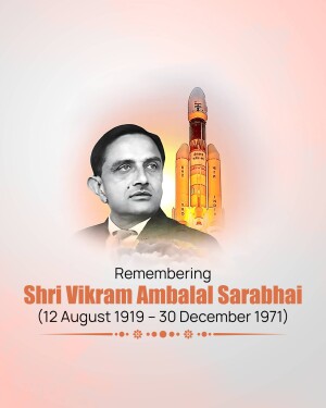 Portrait of Vikram Sarabhai with a rocket in the background
