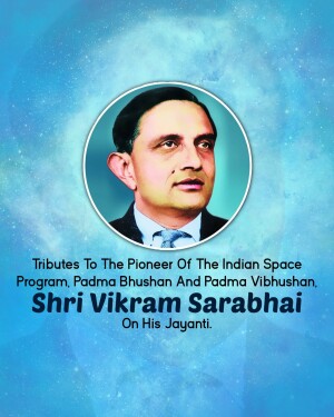 Portrait of Vikram Sarabhai with tribute text