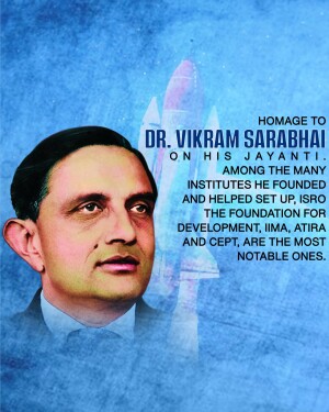 Portrait of Dr. Vikram Sarabhai with a rocket in the background