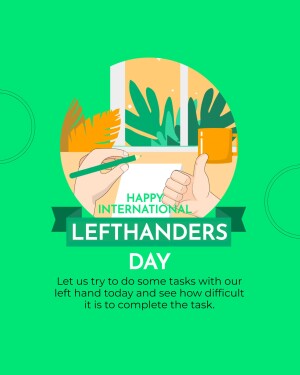 Illustration celebrating International Left Handers Day with a hand writing with a left hand and giving a thumbs up.