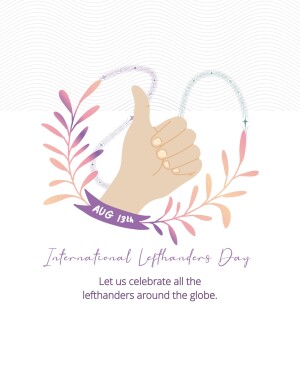 Illustration of a hand giving a thumbs up surrounded by floral elements and a banner announcing International Lefthanders Day.