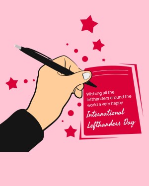 Illustration of a hand writing on a card with a message for International Lefthanders Day.