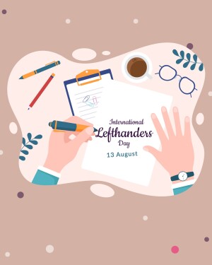 Illustration for International Lefthanders Day with writing tools and a left hand writing on paper.