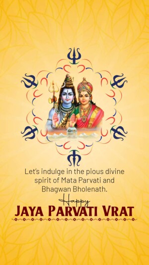 Image of Lord Shiva and Goddess Parvati with religious symbols and text 'Jaya Parvati Vrat'