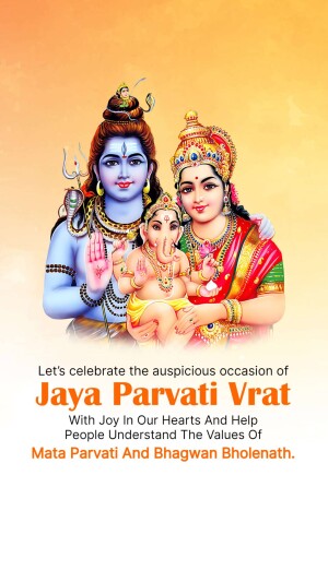 Image of Lord Shiva, Goddess Parvati, and Lord Ganesha with text celebrating Jaya Parvati Vrat