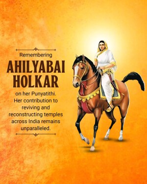 Image of Ahilyabai Holkar on horseback with text commemorating her Punyathithi.