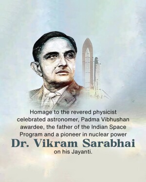 Portrait of Dr. Vikram Sarabhai with a space shuttle in the background