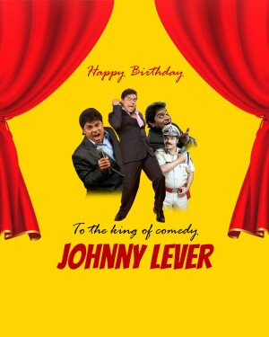 Image of Johnny Lever with fellow performers and red curtains with 'Happy Birthday' text.
