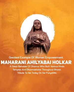 Image of Maharani Ahilyabai Holkar with text honoring her legacy.