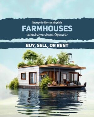 Modern farmhouse on water with text promoting buying, selling, or renting.