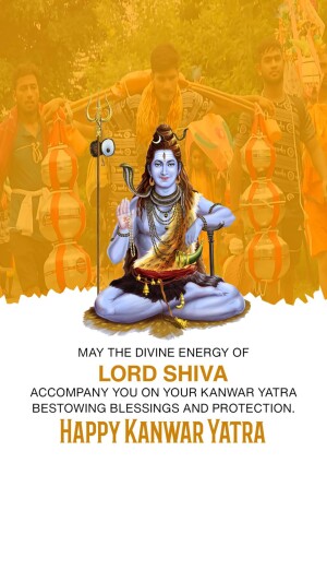 Image of Lord Shiva with Kanwar Yatra devotees and text wishing a Happy Kanwar Yatra.