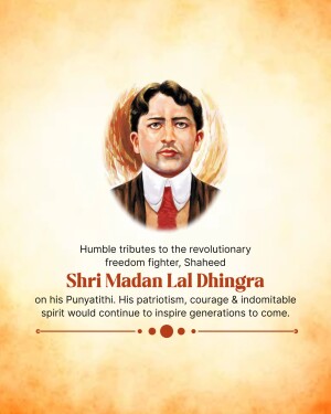 Portrait of Shaheed Madan Lal Dhingra with tribute text