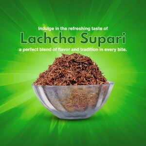 Close-up of Lachcha Supari in a silver bowl against a vibrant green background.