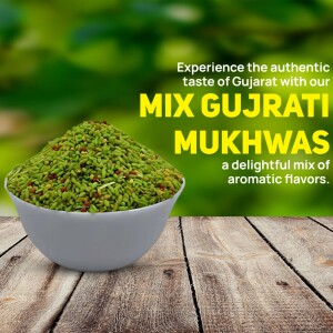 A bowl of Mix Gujarati Mukhwas with text overlay