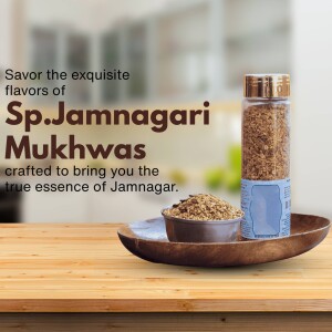 Close-up of Sp.Jamnagari Mukhwas in a jar and bowl on a wooden surface.