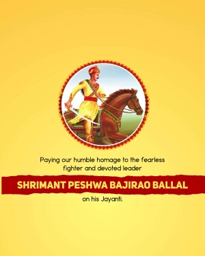 Image of Shrimant Peshwa Bajirao Ballal on horseback with text commemorating his Jayanti.