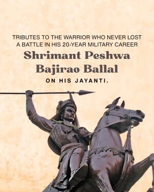 Statue of Bajirao Ballal on horseback with text commemorating his Jayanti