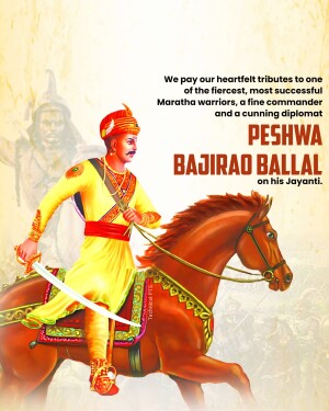 Portrait of Peshwa Bajirao Ballal on horseback with a tribute message.