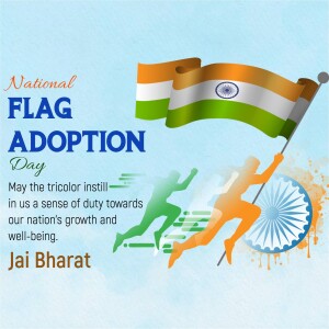Image depicting the Indian flag waving with silhouettes of runners and a chakra, celebrating National Flag Adoption Day.